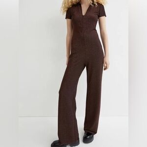 H&M Brown Short-Sleeve Zip-Front Jumpsuit